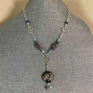Handmade Sterling Silver Lampwork Glass Amethyst Amazonite Necklace 20.5”